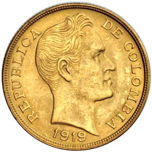 Moneda de oro 10 Pesos Colombia 15.976 gramos Varios años