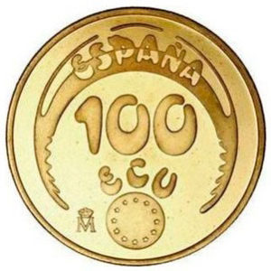 Moneda oro 34.55 g 100 Ecus Carlos V 1989 España