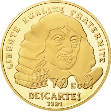 Moneda oro 500 Francos / 70 Ecus Descartes Año 1991 Francia
