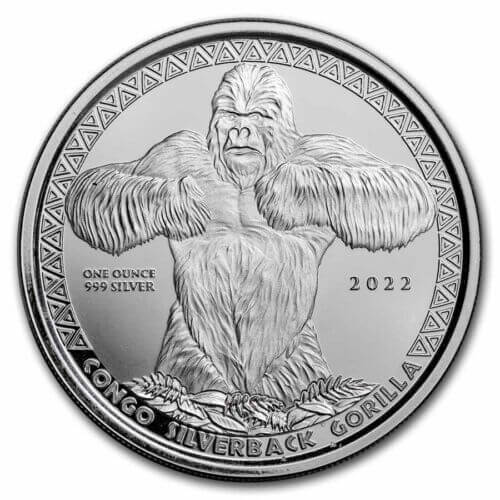 Moneda 1 Onza Plata 500 Francos República del Congo . GORILA 2022