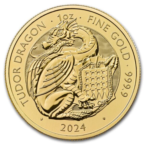Moneda de Oro Dragon Tudor 1 Oz - 31.1 gramos 100 Libras de Gran Bretaña Año 2024