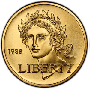Moneda de Oro 8.359 gramos Águila Liberty USA. 5 Dólares 1988.