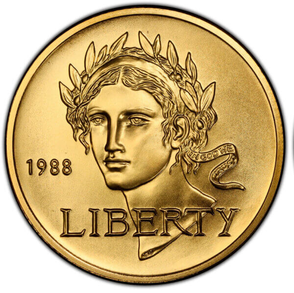 Moneda de Oro 8.359 gramos Águila Liberty USA. 5 Dólares 1988.