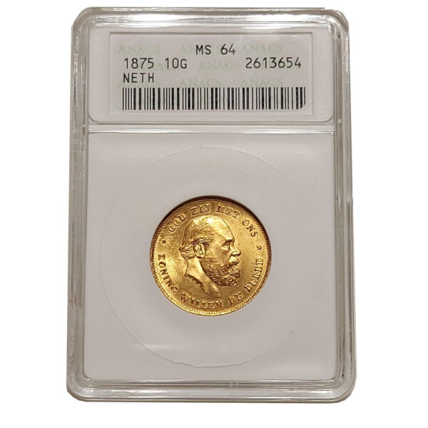 Moneda de oro 10 Gulden Holanda Guillermo 1875 CERTIFICADO ANACS