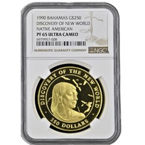 Moneda Oro 250 Dolares 1990 ISLAS BAHAMAS NATIVO AMERICANO CERTIFICADO GNC