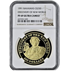Moneda Oro 250 Dolares 1991  ISLAS BAHAMAS DESCUBRIMIENTO DEL NUEVO MUNDO CERTIFICADO NGC