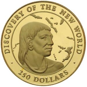 Moneda Oro 250 Dolares 1990 ISLAS BAHAMAS NATIVO AMERICANO
