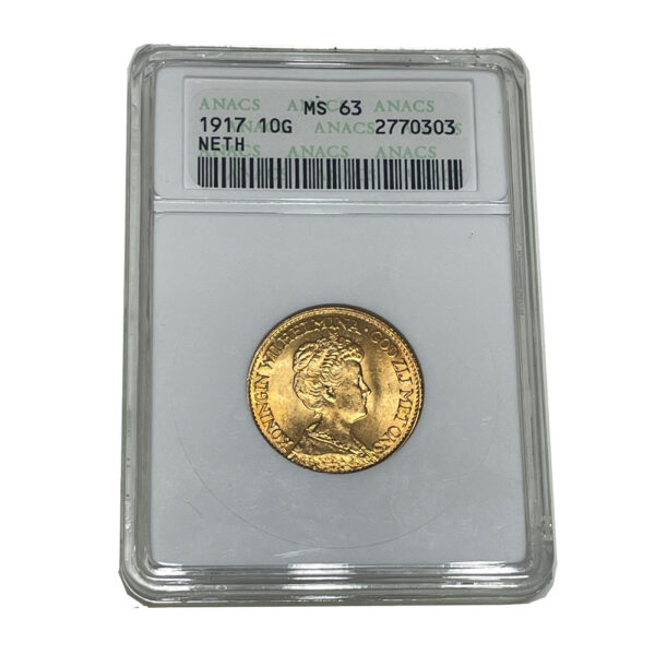 Moneda Oro 10 Gulden. Holanda. Wilhelmina 1917 CERTIFICADO ANACS