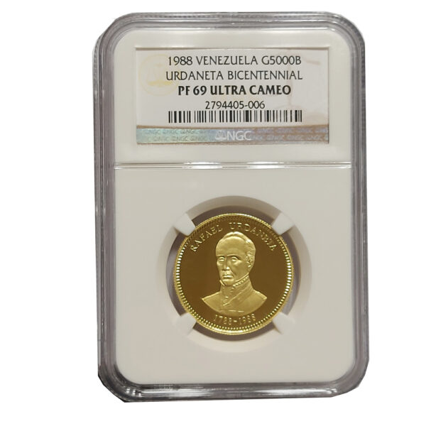 Moneda 5000 Bolivares 15.55 gramos Oro Rafael Urdaneta Venezuela CERTIFICADO NGC PF 69 ULTRA CAMEO