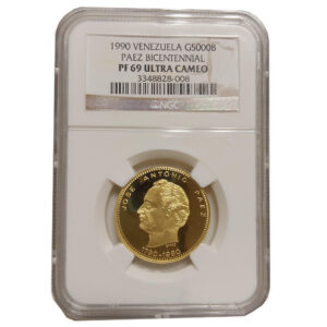 Moneda 5000 Bolivares 15.55 gramos Oro JOSE ANTONIO PAEZ Venezuela CERTIFICADO NGC PF 69 ULTRA CAMEO