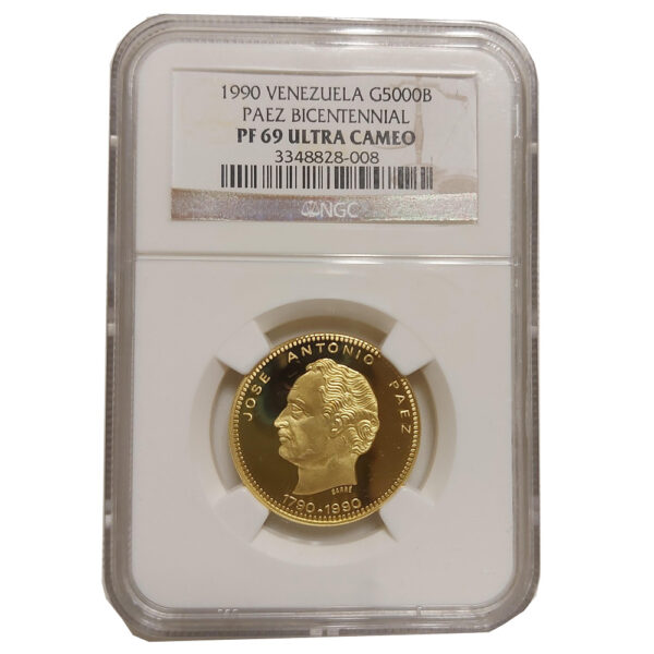 Moneda 5000 Bolivares 15.55 gramos Oro JOSE ANTONIO PAEZ Venezuela CERTIFICADO NGC PF 69 ULTRA CAMEO