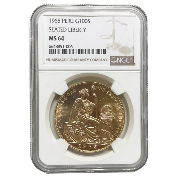 Moneda de Oro 100 Soles República del Peru AÑO 1965 CERTIFICADO NGC M64