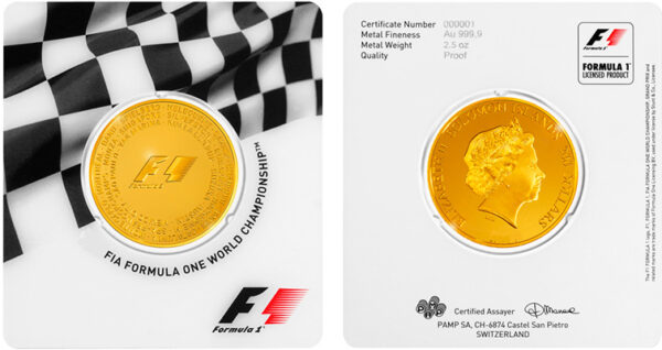Moneda de Oro 2.5 Oz 77.7 gramos FIFA FORMULA ONE WORLD CHAMPIOMSHIP 2017