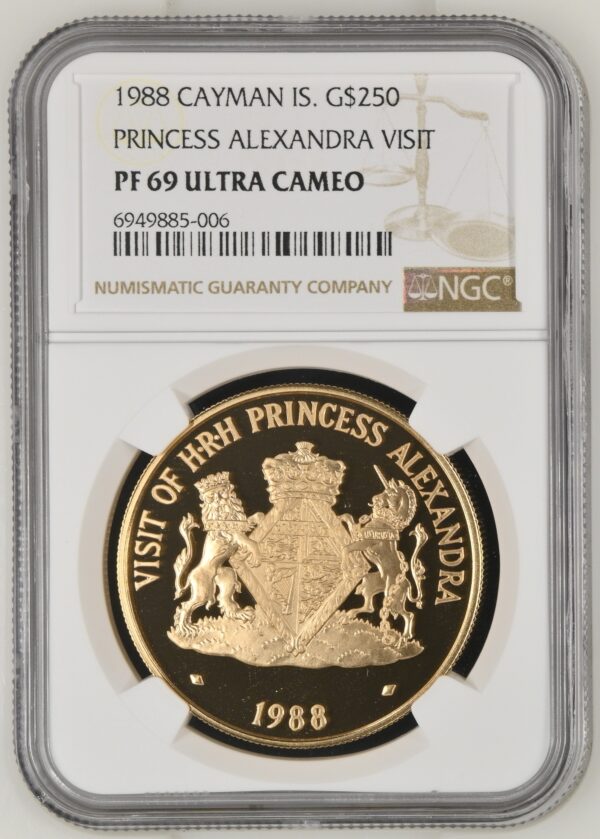 Moneda Oro 250 Dolares 1988 ISLAS CAYMAN VISITA ALEXANDRA NGC 1988