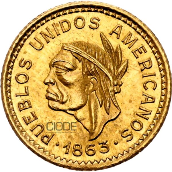 Moneda de oro Pueblos Unidos Americanos Colombia 1/2 peso 1.15gr 0,900 1863