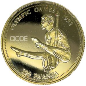 Moneda de oro 7.7gr 14kilates Tonga 1993 100 Paanga Serie Juegos Olimpicos Gimnasta en anillas