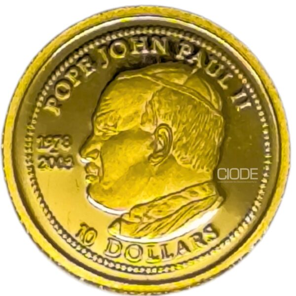 Moneda de oro 1.23gr 999 Liberia 2003 10 dolares 25 Aniversario del Pontificado Papa Juan Pablo II