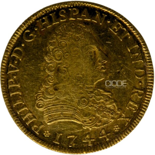 Moneda de oro Felipe V México 26,78gr 0,900 8 escudos 1744