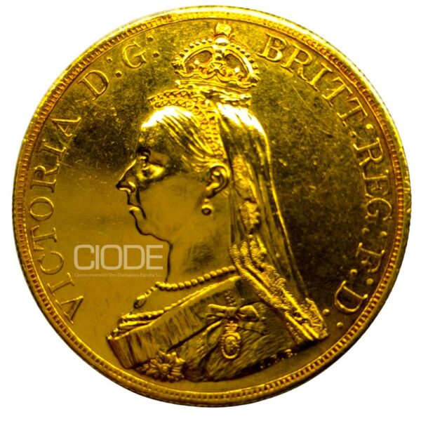Moneda de oro Soberano Reina Victoria 39,95gr 0,917 5 libras 1887