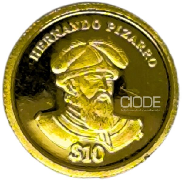 Moneda de oro 1.24gr 999 Islas Vírgenes Britanicas 2004 10 dolares Quinto Centenario Hernando Pizarro
