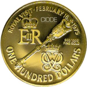 Moneda de oro 7,03gr 900 Bermudas 1975 100 dólares Serie Visita Real "Isabel II y el Príncipe Felipe"