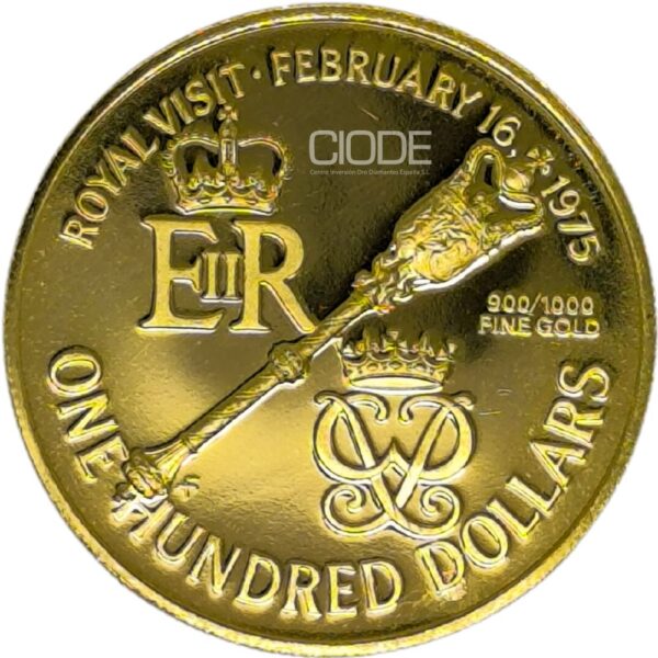 Moneda de oro 7,03gr 900 Bermudas 1975 100 dólares Serie Visita Real "Isabel II y el Príncipe Felipe"