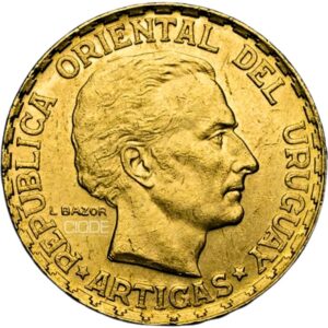 Moneda de oro NGC José Gervasio Artigas Uruguay 5 pesos 8.49gr 1987