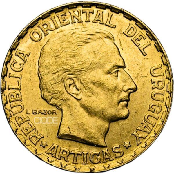 Moneda de oro NGC José Gervasio Artigas Uruguay 5 pesos 8.49gr 1987