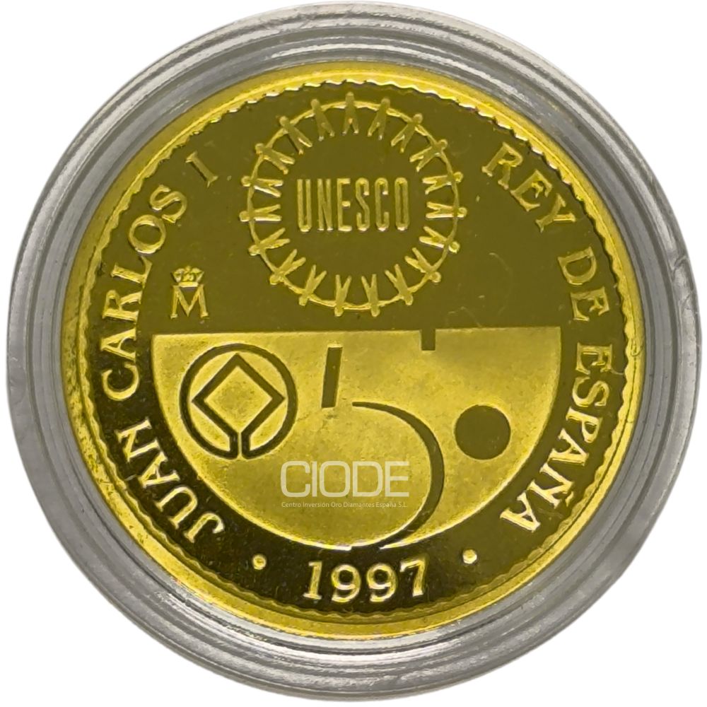 Moneda de oro 13,5gr 0,999 España 1997 40.000 pesetas Serie Patrimonio mundial de la humanidad "Pagoda de Horyu-ji" - Imagen 2