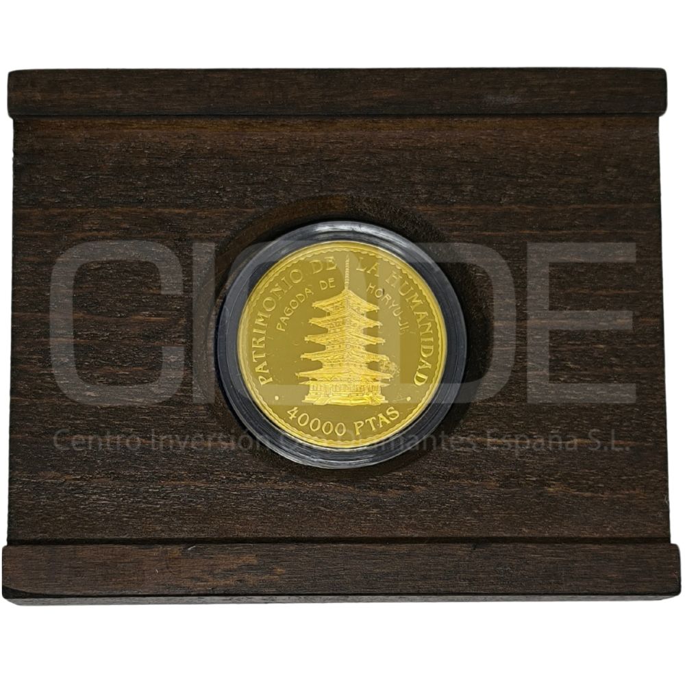 Moneda de oro 13,5gr 0,999 España 1997 40.000 pesetas Serie Patrimonio mundial de la humanidad "Pagoda de Horyu-ji" - Imagen 3