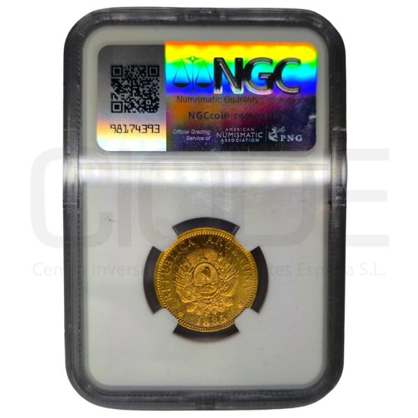 Moneda de oro Rep. Argentina 8,06gr 0,900 5 pesos 1885 Certificado NGC