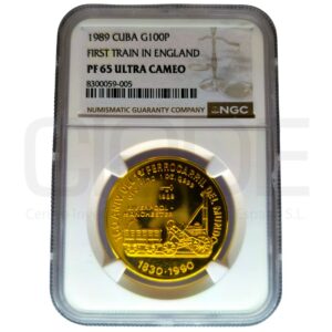 Moneda de oro Aniversario del primer ferrocarril Rep. Cuba 1oz 0,999 100 pesos 1989 Certificado NGC