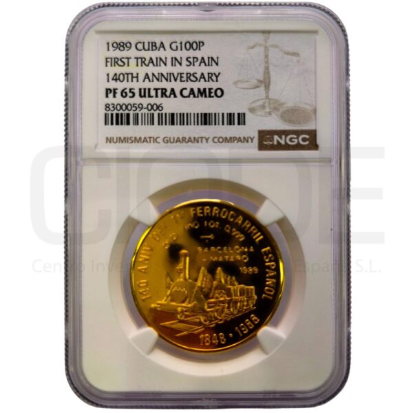 Moneda de oro 140 Aniversario del primer ferrocarril español Rep. Cuba 1oz 0,999 100 pesos 1989 Certificado NGC