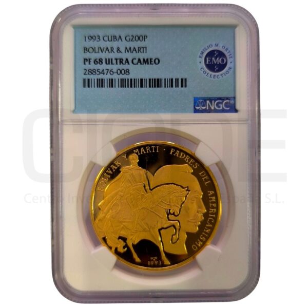 Moneda de oro Bolivar y Marti Rep. Cuba 1oz 0,900 200 pesos 1993 Certificado NGC