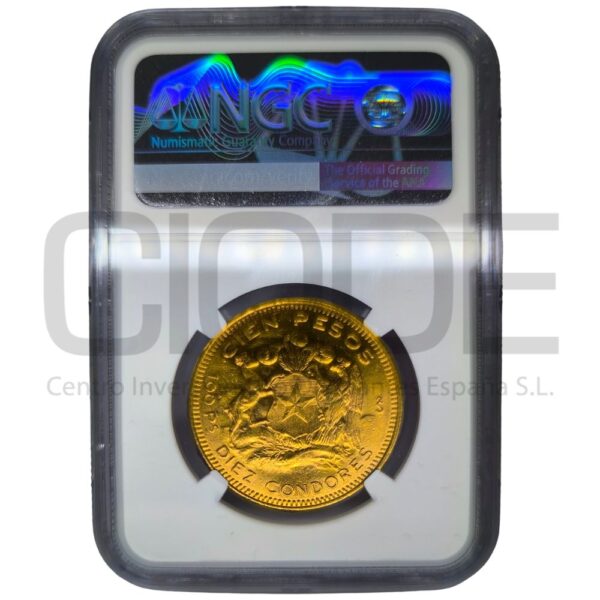 Moneda de oro Diez Cóndores Rep. Chile 20,34gr 0,900 100 pesos pesos 1952 Certificado NGC