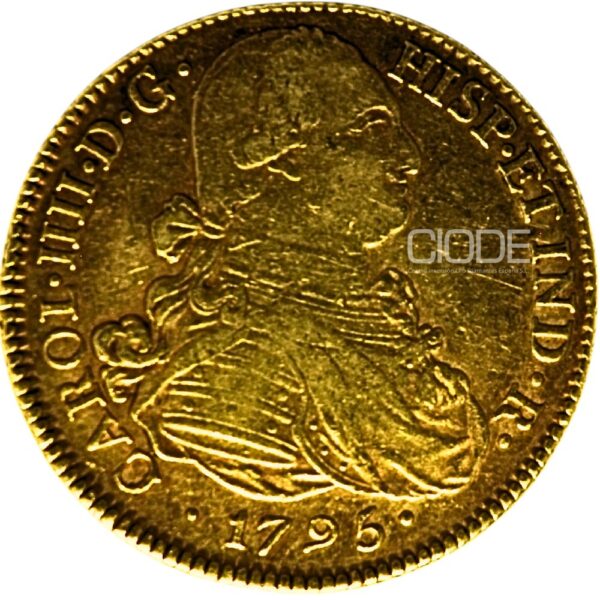 Moneda de oro 8 Escudos 1795 Carlos IV 27gr CECA Pompayan Catalogacion de archivo N26