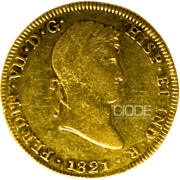 Moneda de oro 8 Escudos 1821 Fernando VII 27gr CECA Lima Catalogacion de archivo N22