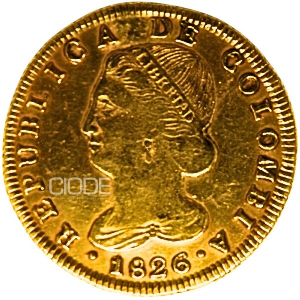 Moneda de oro 8 Escudos 1825 Republica de Colombia 27gr Popayan Catalogacion de archivo N5