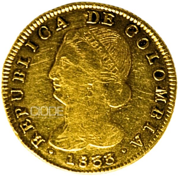 Moneda de oro 8 Escudos 1833 Republica de Colombia 27gr Popayan Catalogacion de archivo N7