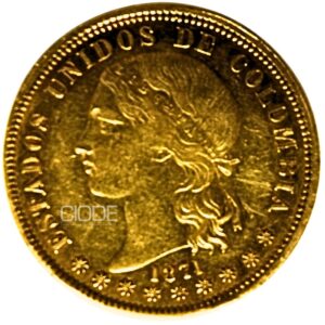 Moneda de oro 20 pesos 1871 Estados Unidos de Colombia 32.258gr Bogota LEI 900 Catalogacion de archivo N14
