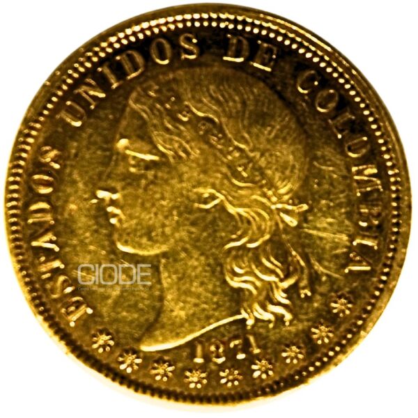 Moneda de oro 20 pesos 1871 Estados Unidos de Colombia 32.258gr Bogota LEI 900 Catalogacion de archivo N14
