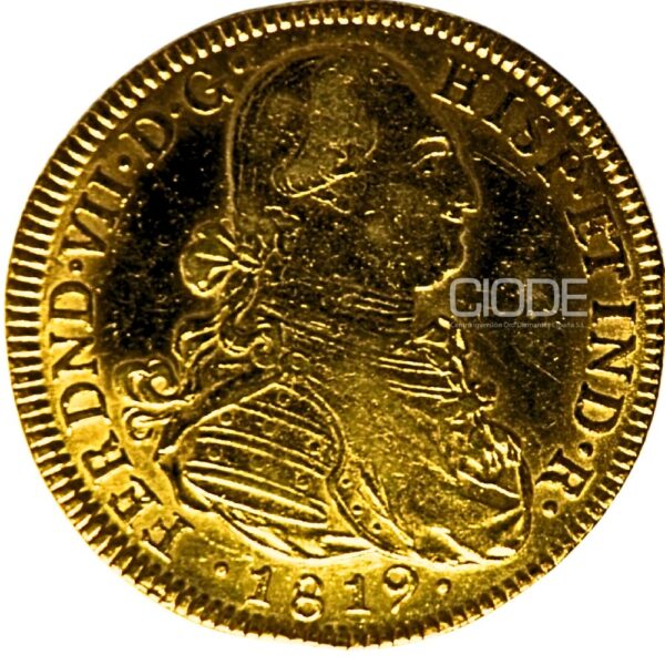 Moneda de oro 8 Escudos 1819 Carlos IV 27gr CECA Nuevo Reino Catalogacion de archivo N30