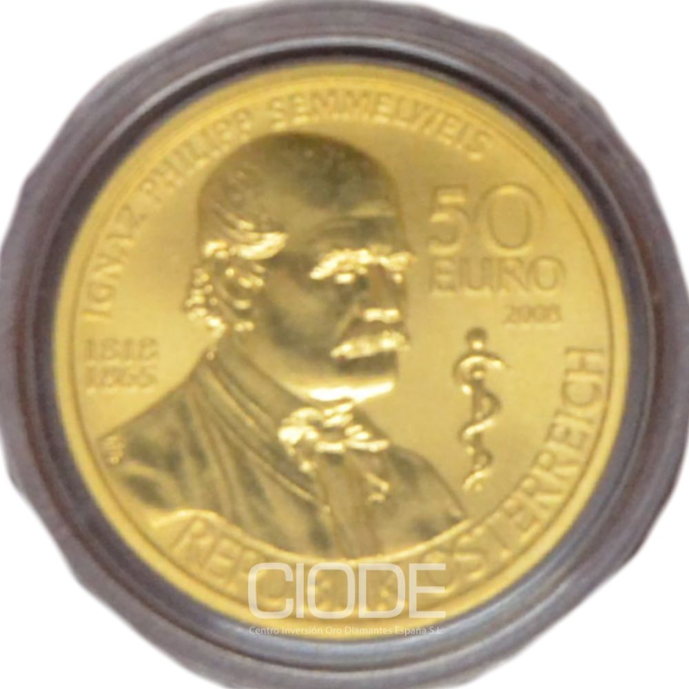 Moneda oro 10,14 gr 50 Euro 2008 Austria LEI 986 "Ignaz Philipp Semmelweis" - Imagen 2