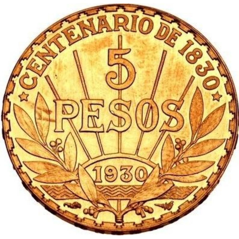 Moneda de oro 8,49 gr 5 Pesos 1930 Uruguay LEI 900 "Centenario Constitucion 1830" - Imagen 5