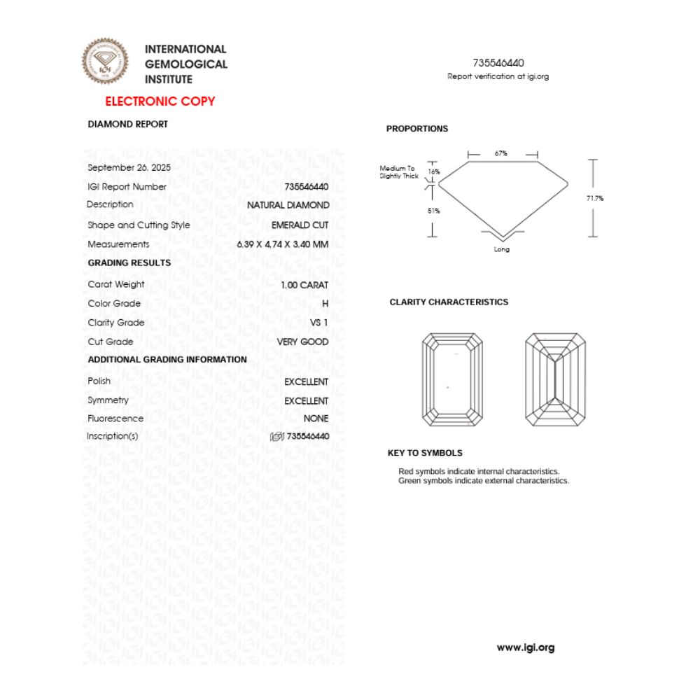 Diamante natural 1,00 ct IGI H VS1 "Corte tipo Esmeralda" - Imagen 2
