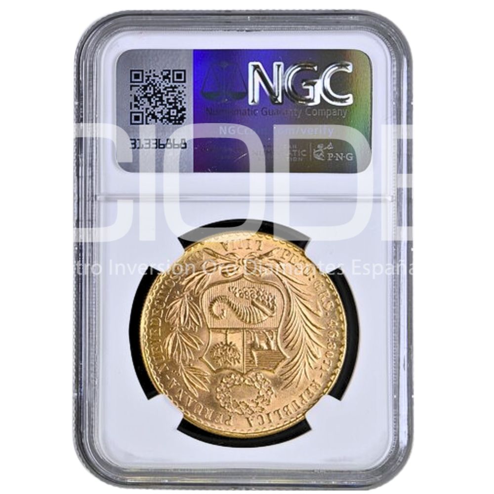 Moneda de Oro 46,81 gr 100 Soles Rep. Perú 1966 LEY 900 CERTIFICADO NGC M64 "Libertad" - Imagen 2