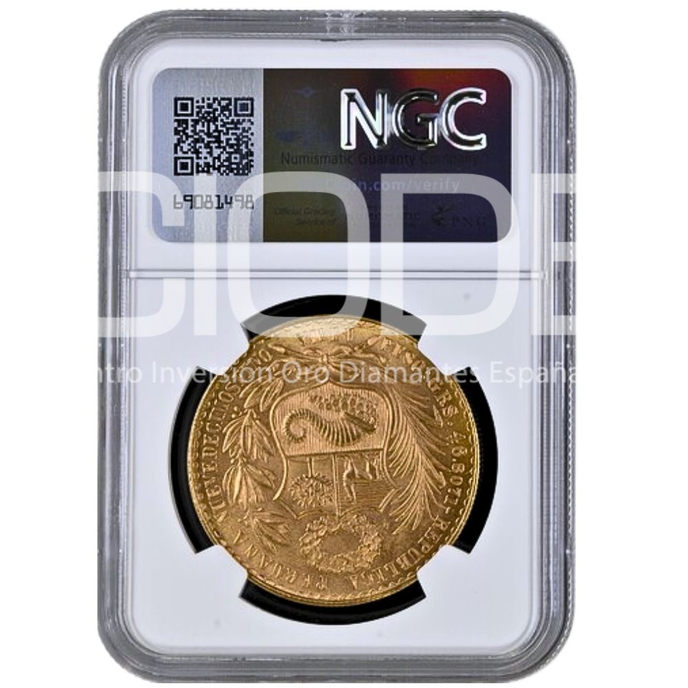 Moneda de Oro 46,81 gr 100 Soles Rep. Perú 1965 LEY 900 CERTIFICADO NGC M64 "Libertad" - Imagen 2