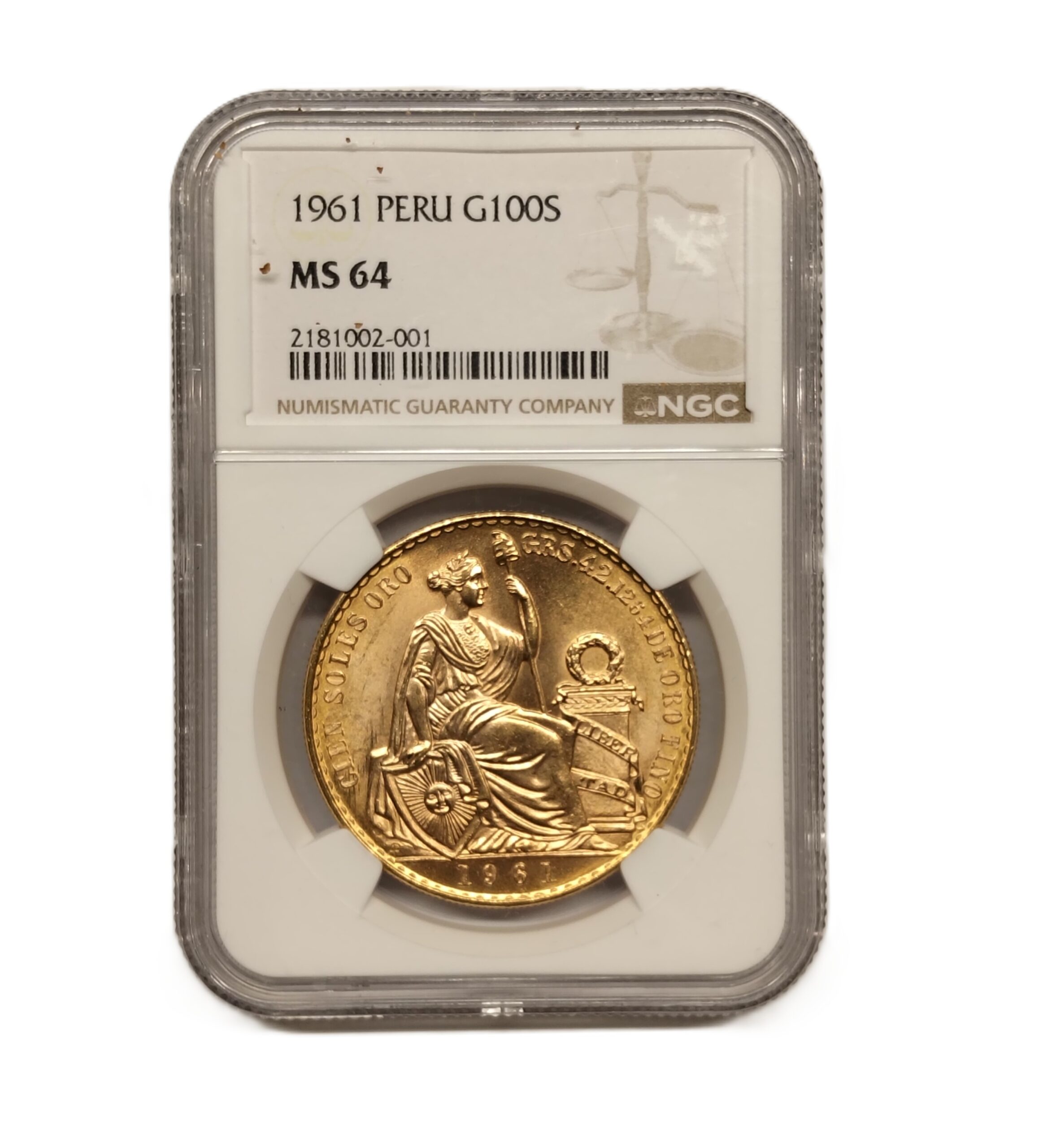 Moneda de Oro 46,81 gr 100 Soles Rep. Perú 1965 LEY 900 CERTIFICADO NGC M64 "Libertad" MS 64