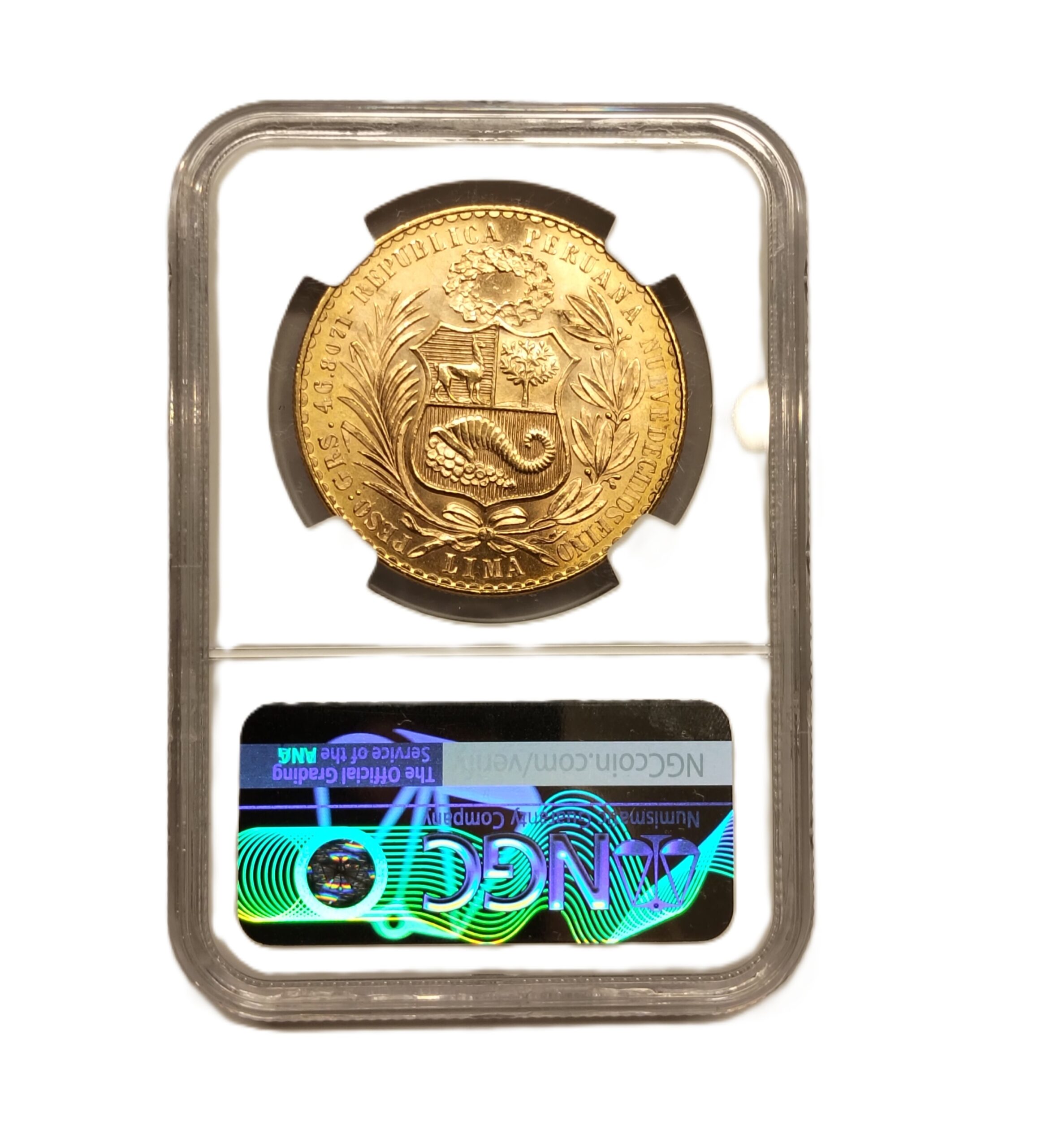 Moneda de Oro 46,81 gr 100 Soles Rep. Perú 1965 LEY 900 CERTIFICADO NGC M64 "Libertad" MS 64