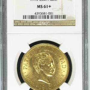 Moneda de oro 33,436 gr 20 Pesos 1915 José Martí Cuba LEI 900 NGC M61+